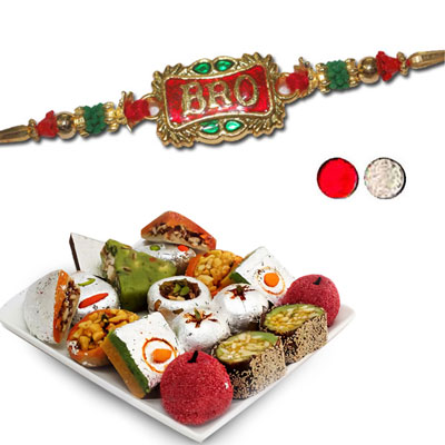 "Designer Fancy Rakhi - FR- 8220 A (Single Rakhi), 500gms of Kaju Assorted Sweets - Click here to View more details about this Product